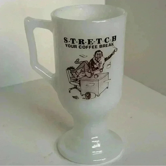 Funny NSFW vintage milk glass pedestal mug  “stretch your coffee break” - Picture 2 of 6